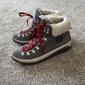Sorel Gray Boots with Red Laces